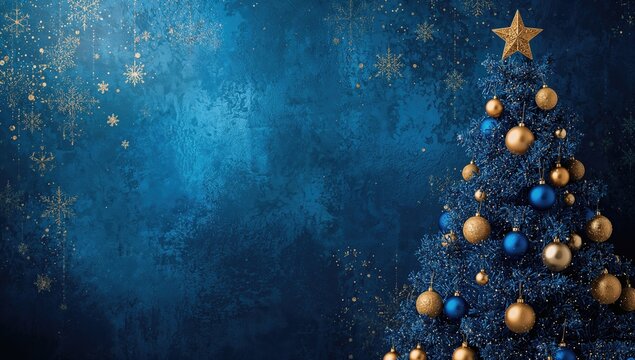 Blue Christmas Tree Decorated with Gold and Blue Ornaments and Star on a Dark Blue Background