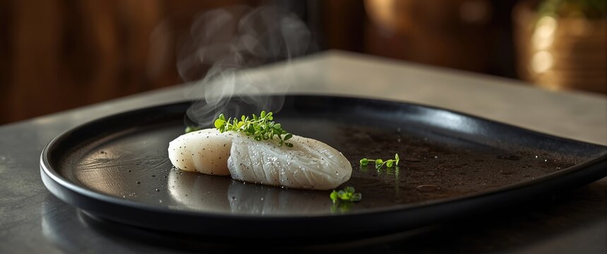 Steamed Fish Fillet Garnished with Fresh Herbs on a Black Plate