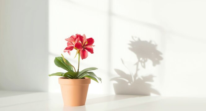 Red Flower Plant in a Terracotta Pot with Shadow on a White Surface