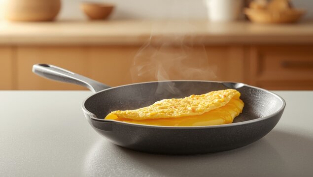 Steaming Omelette in a Frying Pan on a Kitchen Counter