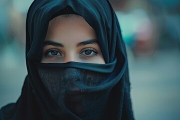Naklejka premium Portrait of a young muslim woman wearing a niqab and hijab, her expressive eyes captivating the viewer
