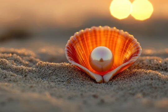 Stunning pearl resting inside a seashell during a vibrant sunset on the shore