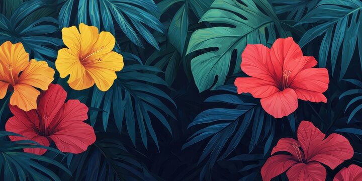 Vibrant tropical hibiscus flowers surrounded by lush green leaves in a serene garden setting