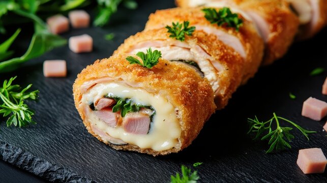 Crispy chicken roll filled with cheese and fresh vegetables served on a stylish slate plate