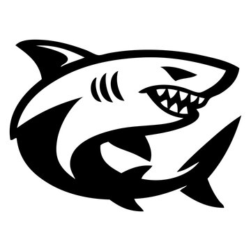 Logotipo vida marina. Icono con dibujo sencillo de un tibur&oacute;n enojado con la boca abierta ense&ntilde;ando los colmillos y el cuerpo curvado