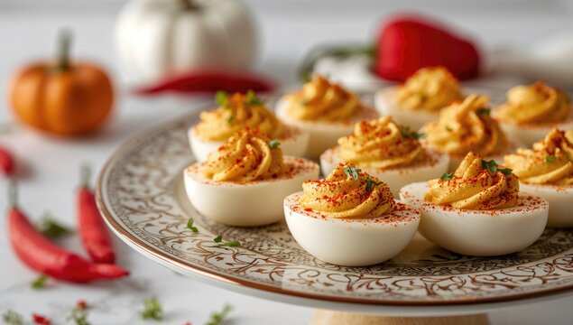 Deviled Eggs Topped with Paprika on Decorative Plate with Autumn Garnishes