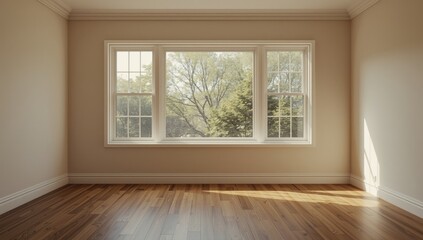 Fototapeta premium Empty Living Room with Large Windows Overlooking Trees in Natural Light