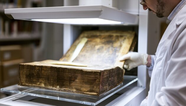 Conservator examining an ancient illuminated manuscript in a archive