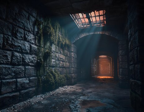 Mysterious Ancient Stone Corridor with Arched Passageway and Light.