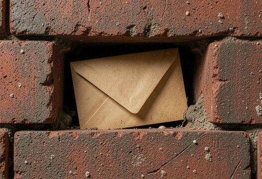 An old, worn-out envelope placed between brown bricks