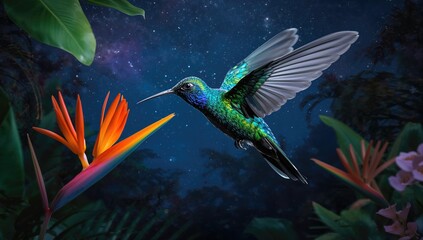 Naklejka premium Hummingbird Hovering Near Vibrant Flower Under Starry Night Sky