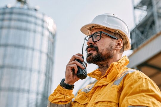 Construction foreman wearing safety gear and speaking into a walkie-talkie on a site