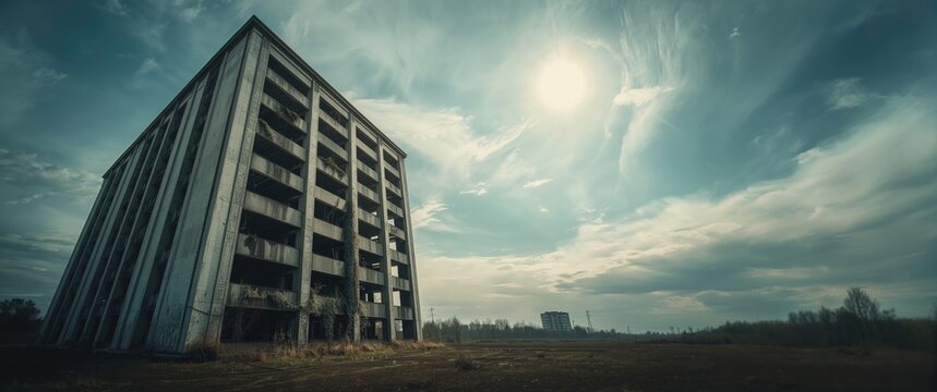 Abandoned Concrete Building Under Dramatic Cloudy Sky with Bright Sunlight