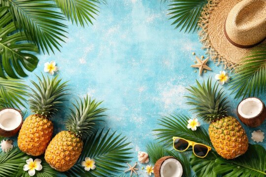 Tropical Layout with Pineapples Coconut Shells and Decorative Elements on Blue Background