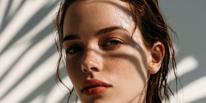 Young woman with wet hair and sunlight shadows on face