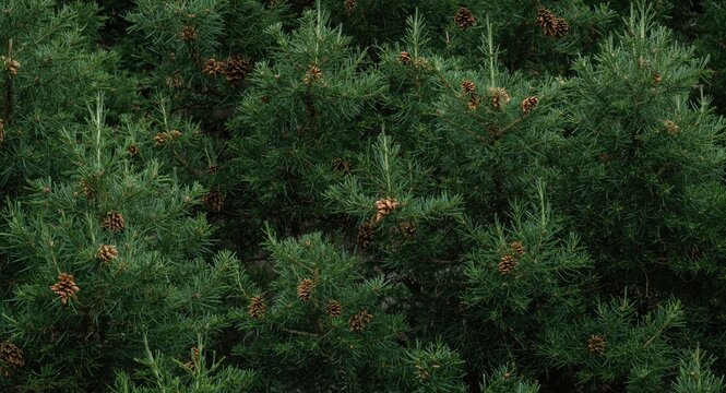 Dense Evergreen Foliage with Pine Cones in Natural Light