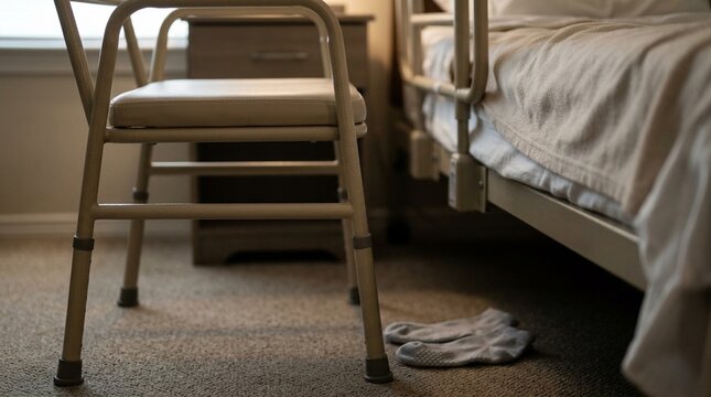 Bedside Commode Positioned Within Reach for a Fall-Risk Patient Overnight - Bedside Patient Safety Equipment