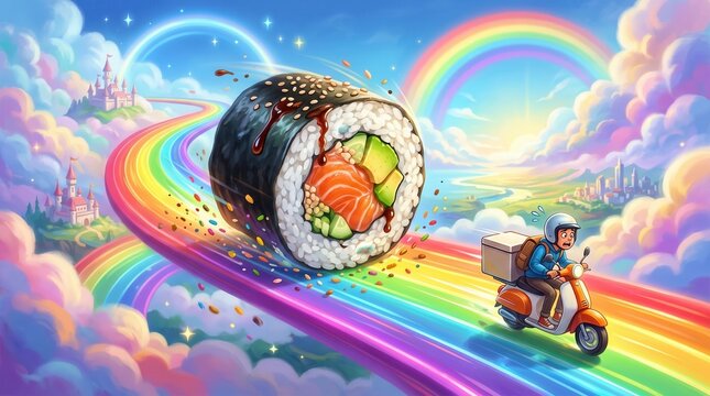 Giant sushi roll rolling down a colorful rainbow road. Courier riding a scooter in a whimsical fantasy sky background.