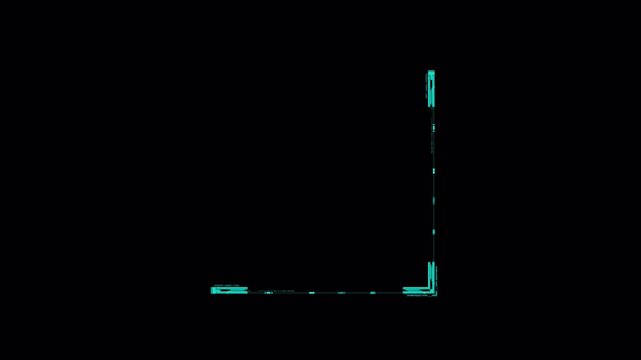 Futuristic HUD digital interface corner element animation on black background.