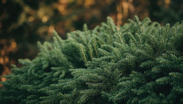 Closeup of Lush Green Evergreen Foliage with Soft Focus Background