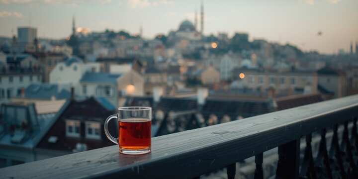 Glass of Tea on a Balcony with City View at Sunset