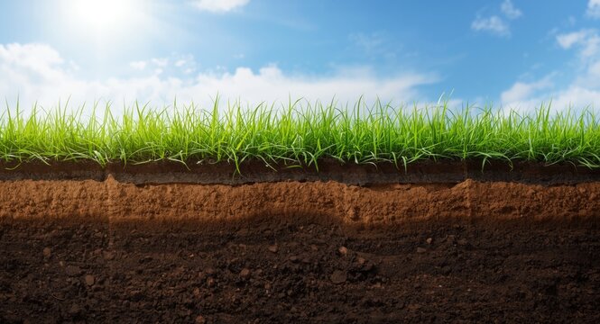 Soil Layer with Green Grass under Blue Sky and Sunlight