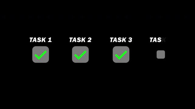 checklist task complete, four step or task process checklist with green checkmarks, approval steps, task and explainer animation on transparent background, 4k video