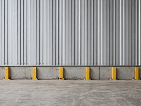 Industrial warehouse wall made of corrugated metal panels with yellow steel protective bumpers mounted on a concrete base at the floor level