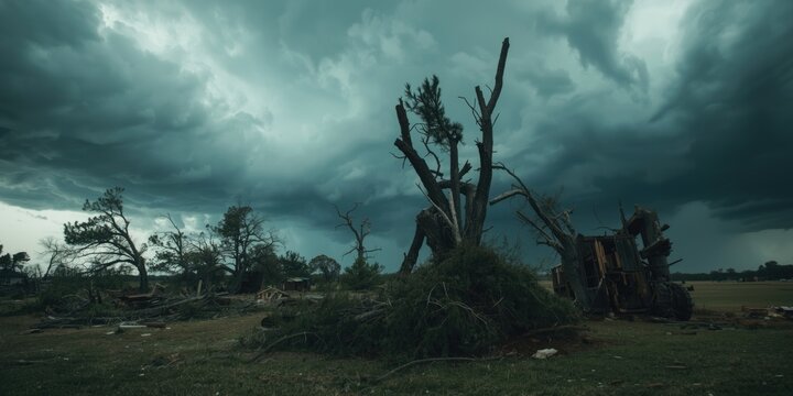 Desolate Landscape with Fallen Trees and Stormy Sky at Dusk