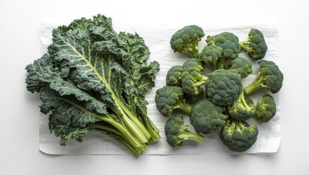 Fresh Kale and Broccoli Arranged on White Background in Top View