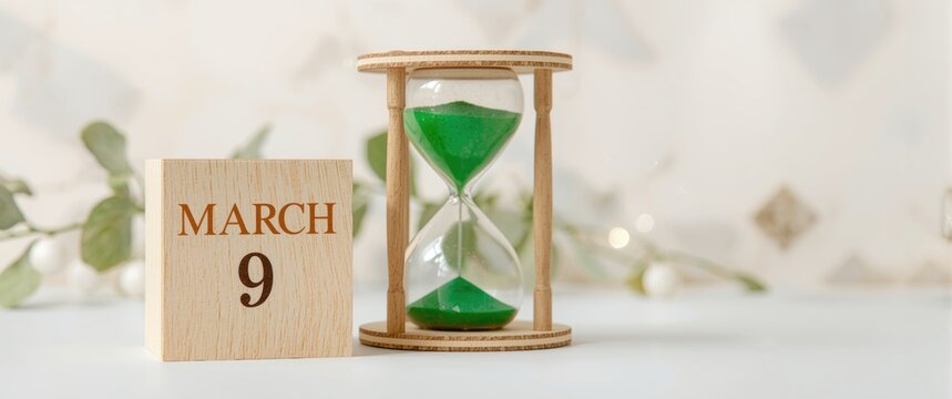 Wooden Calendar Block Displaying March 9 Next to Green Hourglass on a Light Background