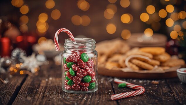 Candy Cane and Festive Candies in a Jar with Christmas Cookies and Bokeh Lights
