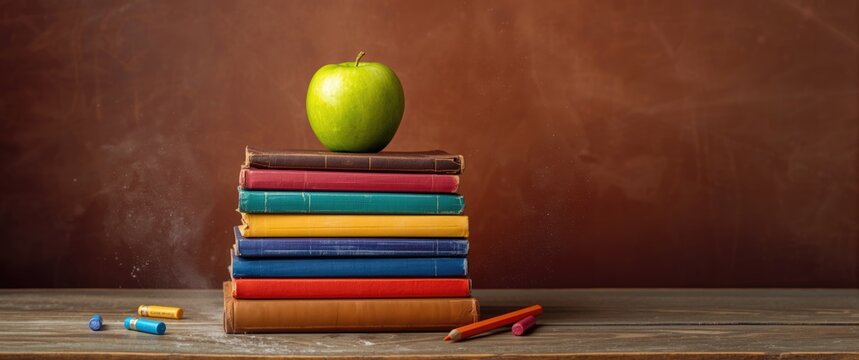 Green Apple on a Stack of Colorful Books on a Wooden Table