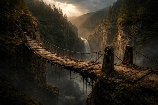 Weathered Suspension Bridge Over a Misty Canyon at Sunrise with Dramatic Lighting