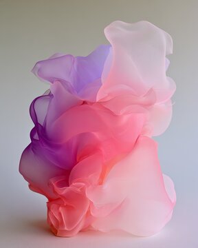 Translucent, billowing fabric sculpture in shades of pink and purple