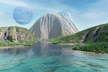science fiction landscape, alien planet with ocean, island and mountains, 3d rendering © Tiziano Cremonini