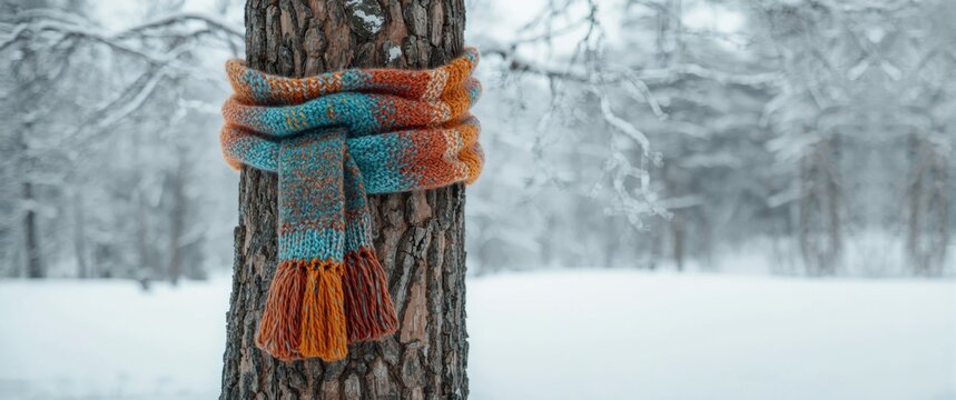 Colorful Knitted Scarf Wrapped Around a Tree in a Snowy Winter Landscape