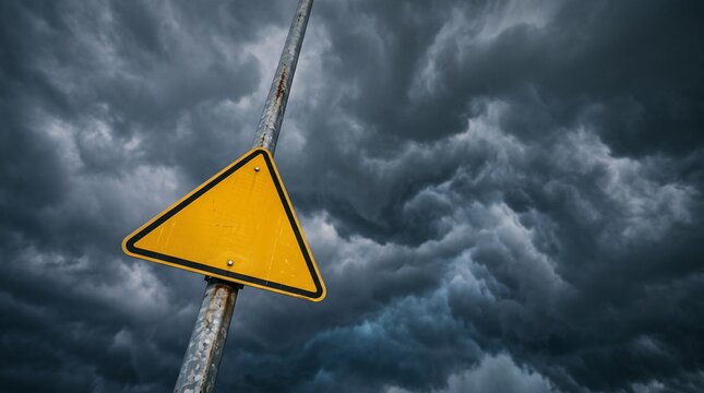 Blank yellow triangular warning sign mounted on a textured silver metal pole under a dramatic sky captured with a wide angle lens at eye level