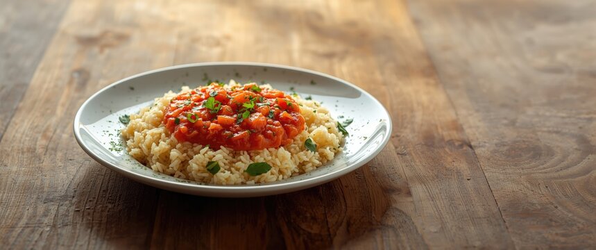 Plate of Risotto with Tomato Sauce - Rustic Wooden Table, Warm Lighting