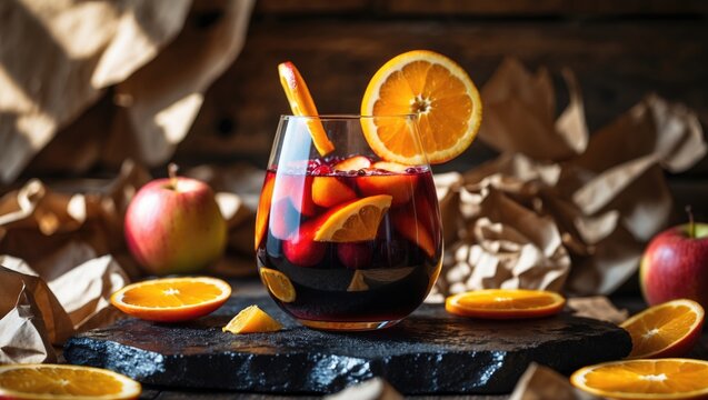Refreshing Sangria with Citrus Fruits on a Dark Table Surrounded by Apples and Wrinkled Paper