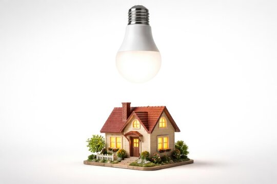 Light Bulb Hovering Above a Miniature House Model with Illuminated Windows