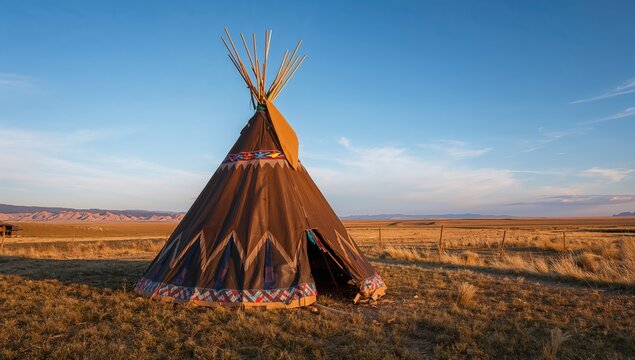 Traditional Native American Tipi in Open Prairie Landscape During Sunset