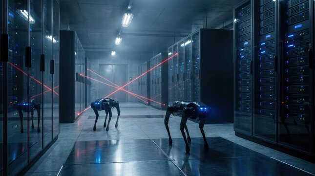 Robotic dogs patrolling a secure server room.