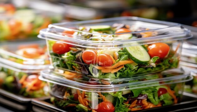 Rows of prepackaged salads in clear plastic containers with fresh greens and vegetables