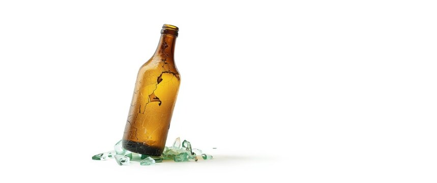 Broken Glass Bottle Leaning on Shattered Glass Isolated on White
