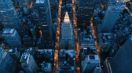 Fototapeta premium Aerial view of a city canyon at dusk with illuminated skyscrapers and busy streets