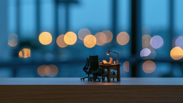 A miniature person working late at a desk in a dark office.