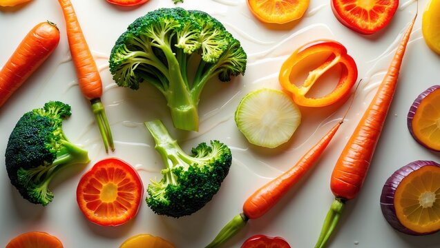 Fresh Colorful Vegetables Including Broccoli Carrots and Bell Peppers on a Surface