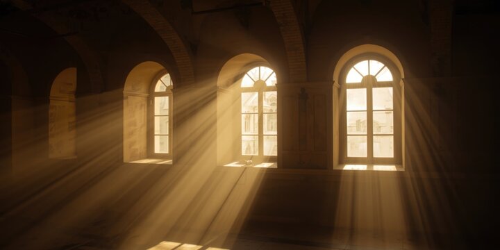 Sunlight Streaming Through Arched Windows in a Historic Room