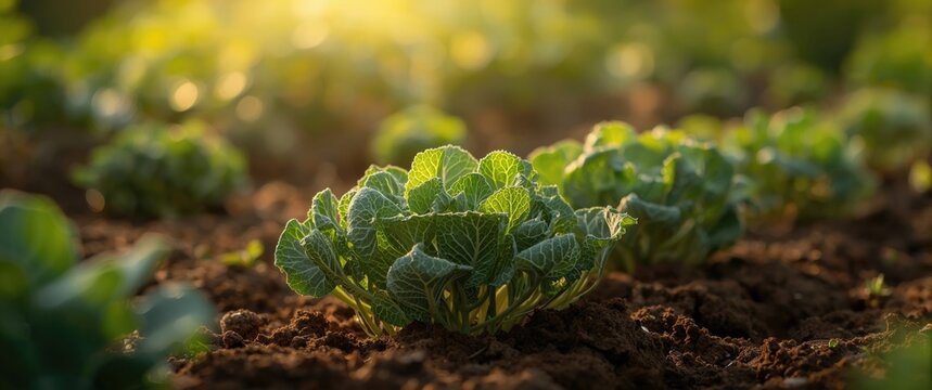 Young Cabbage Plants Growing in Soil at Sunrise with Soft Lighting